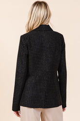 Mittoshop Plaid Texture Double-Breasted Long Sleeve Blazer OutfitFlow